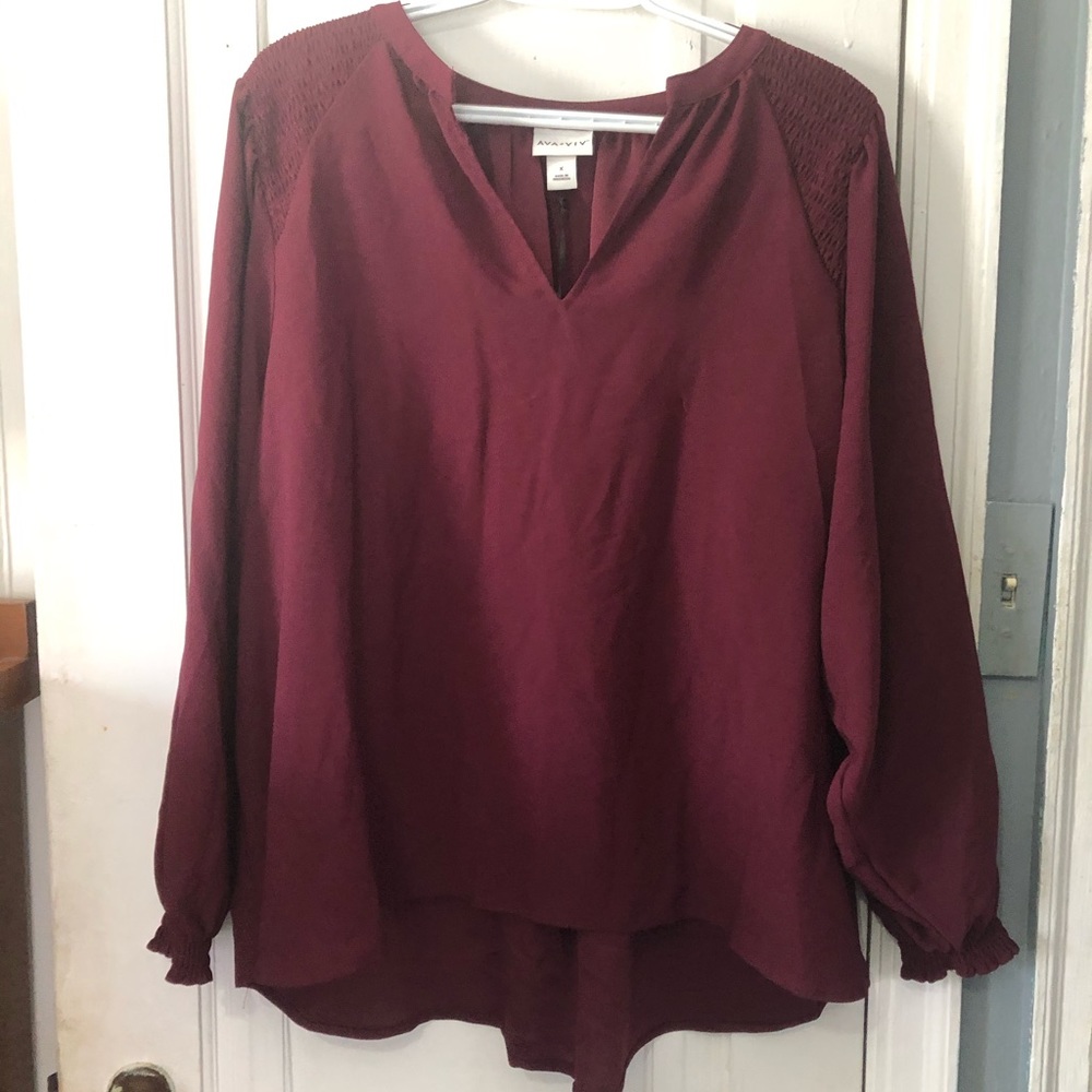 Dark red top with ruched shoulders